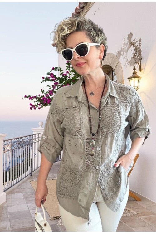 Ferru İtalyan Fisto Kare Çiçek Desen Gömlek Vizon