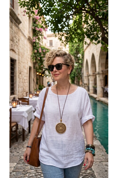 Fezza İthal Kolyeli Tasarım Bluz Beyaz