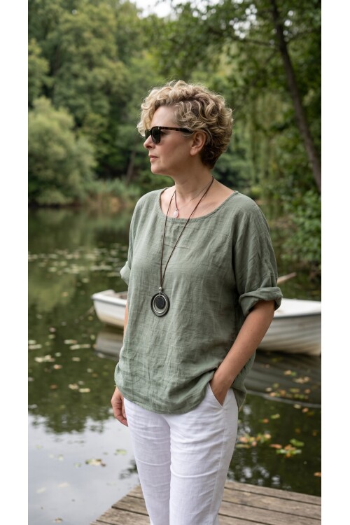 Fezza İthal Kolyeli Tasarım Bluz Haki Yeşil