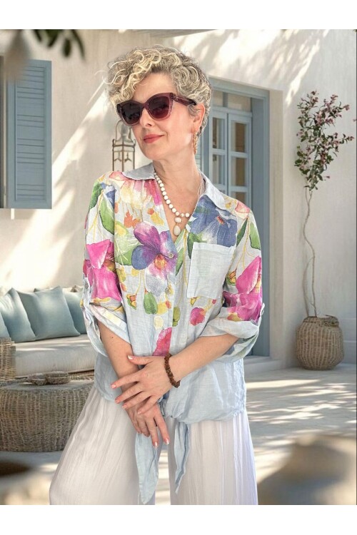 Flora İtalyan Floral Desenli Bağlamalı Linen Gömlek Bebe Mavi
