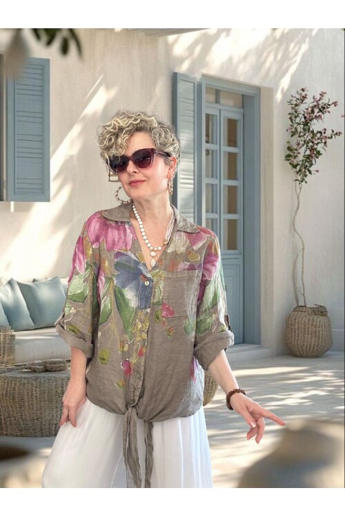 Flora İtalyan Floral Desenli Bağlamalı Linen Gömlek Fango