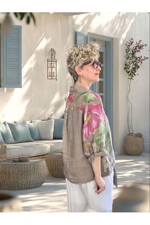 Flora İtalyan Floral Desenli Bağlamalı Linen Gömlek Fango