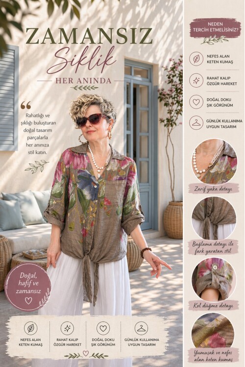 Flora İtalyan Floral Desenli Bağlamalı Linen Gömlek Fango
