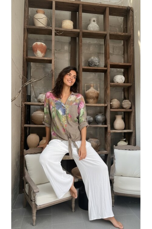Flora İtalyan Floral Desenli Bağlamalı Linen Gömlek Fango