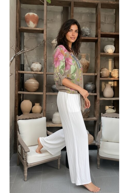 Flora İtalyan Floral Desenli Bağlamalı Linen Gömlek Fango
