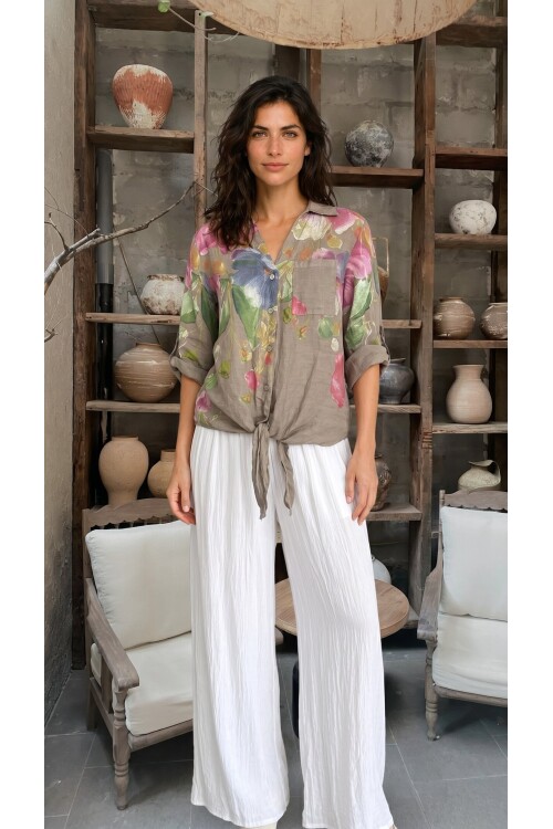 Flora İtalyan Floral Desenli Bağlamalı Linen Gömlek Fango