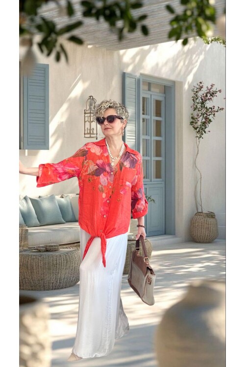 Flora İtalyan Floral Desenli Bağlamalı Linen Gömlek Mercan