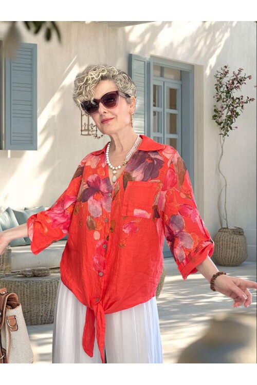 Flora İtalyan Floral Desenli Bağlamalı Linen Gömlek Mercan