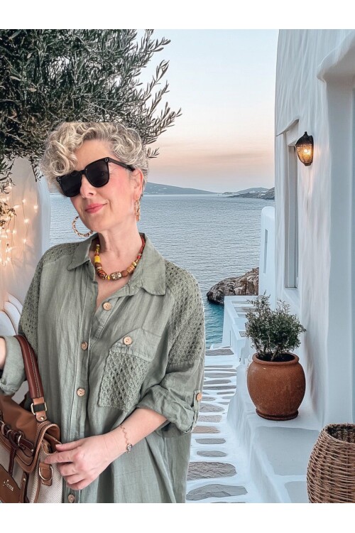 Gepetto İthal Saf Keten Fisto Detaylı Gömlek Elbise Haki Yeşil