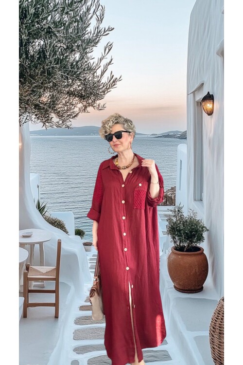 Gepetto İthal Saf Keten Fisto Detaylı Gömlek Elbise Vişne Çürüğü