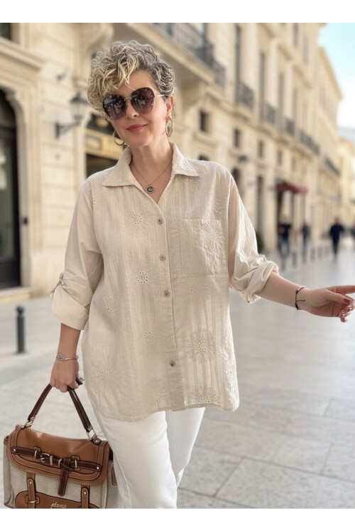 Gesso İtalyan Çiçek Fisto Detay Gömlek Beige