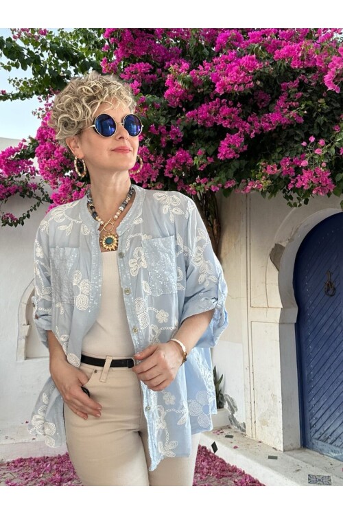 Getto İtalyan Çiçek Brode Detaylı Pamuk Gömlek Bebe Mavi