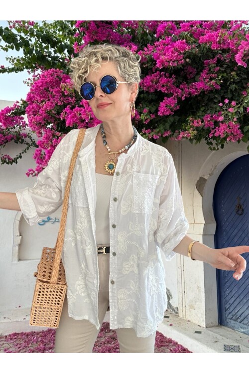 Getto İtalyan Çiçek Brode Detaylı Pamuk Gömlek Beyaz