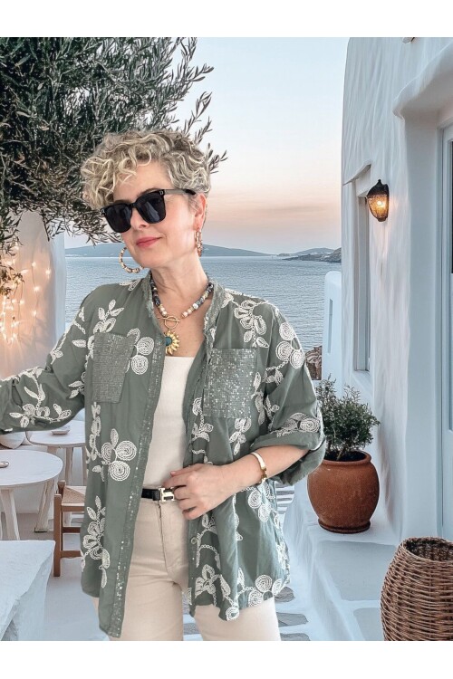 Getto İtalyan Çiçek Brode Detaylı Pamuk Gömlek Haki