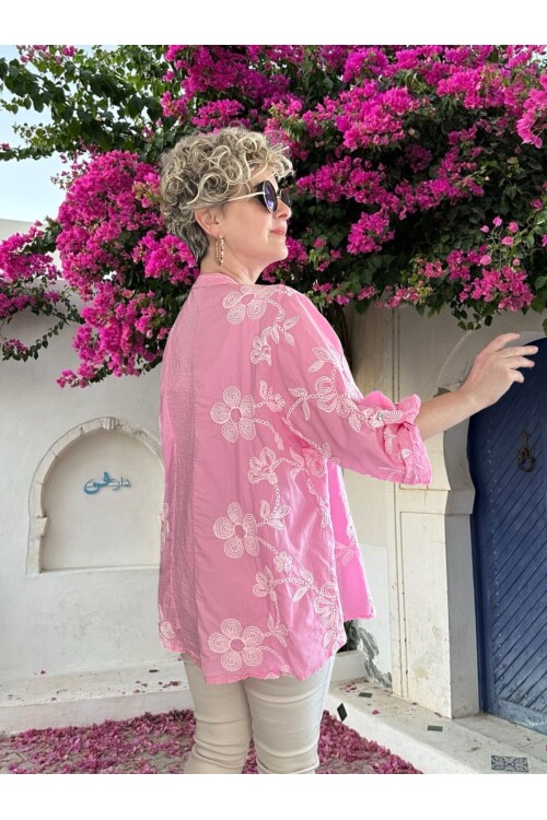 Getto İtalyan Çiçek Brode Detaylı Pamuk Gömlek Pembe