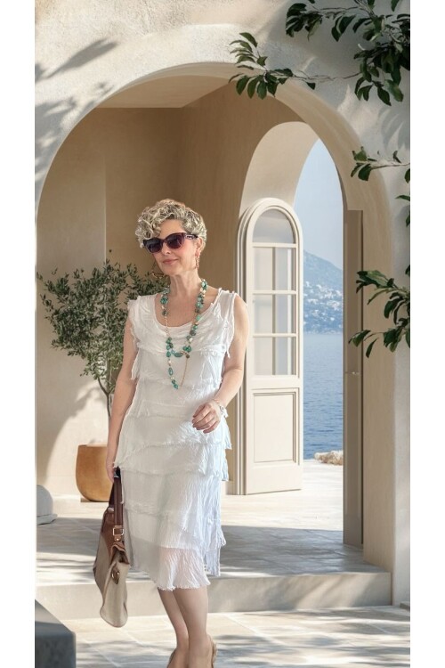 Ginza İthal Katmanlı İpek Tasarım Elbise Beyaz