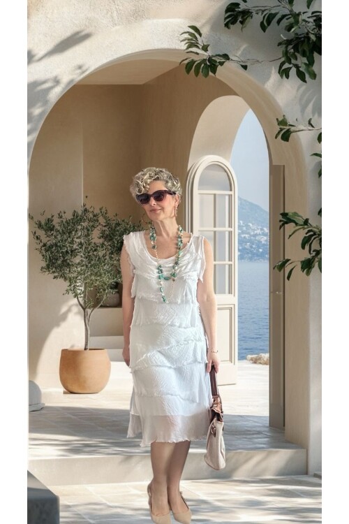 Ginza İthal Katmanlı İpek Tasarım Elbise Beyaz