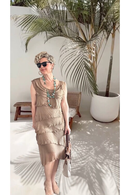 Ginza İthal Katmanlı İpek Tasarım Elbise Camel