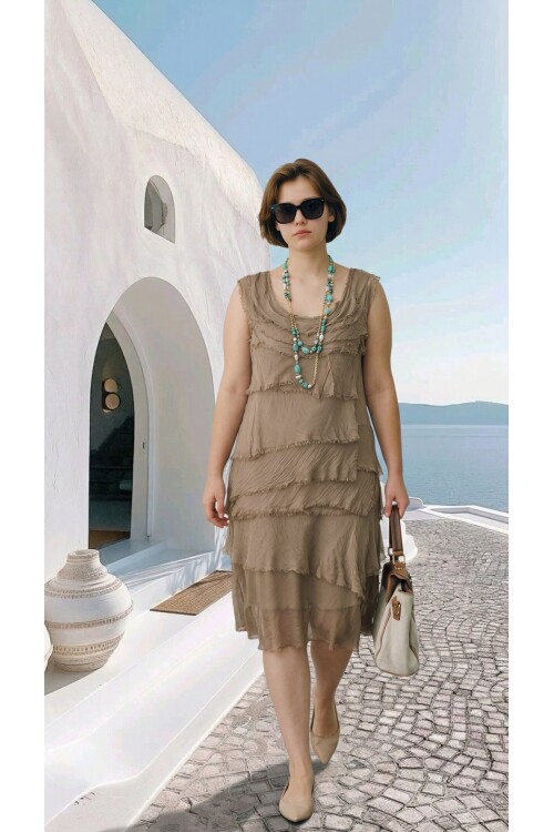 Ginza İthal Katmanlı İpek Tasarım Elbise Camel