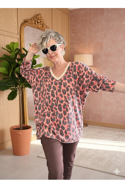 Hanna İtalyan Leopar Desen Simli Bluz Nar Çiçeği