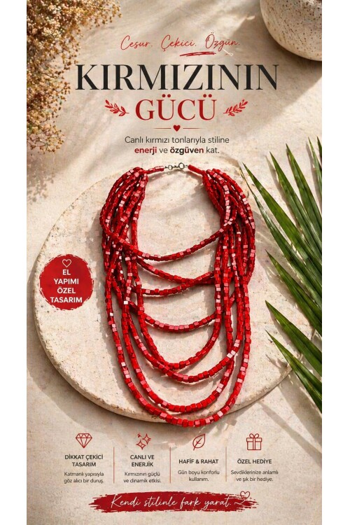 Kırmızı Tahta Otantik Sekiz Sıra Kolye