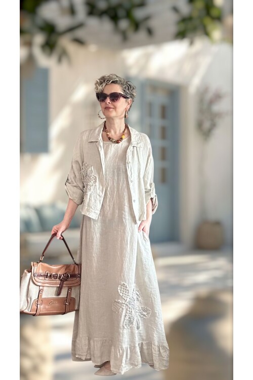 Kubba İthal %100 Linen Ceket & Kolsuz Elbise Takımı Papatya Beige