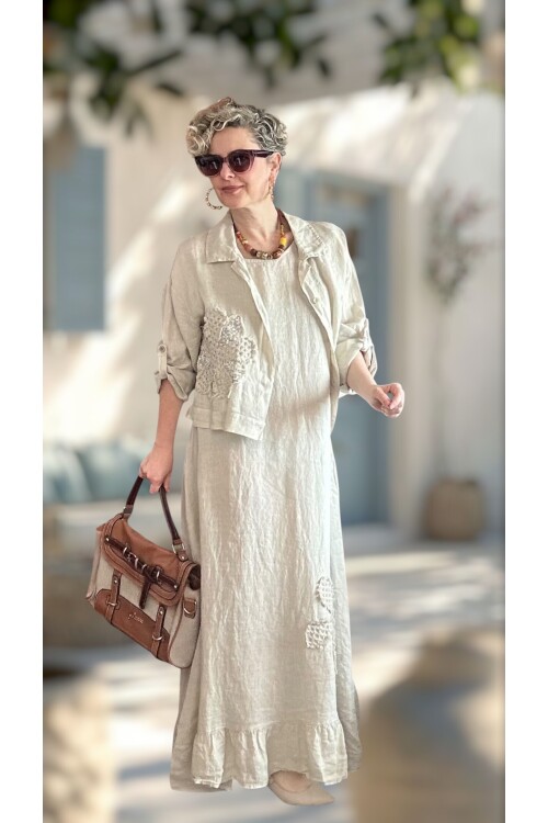 Kubba İthal %100 Linen Ceket & Kolsuz Elbise Takımı Papatya Beige