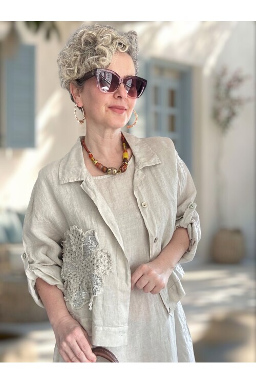 Kubba İthal %100 Linen Ceket & Kolsuz Elbise Takımı Papatya Beige