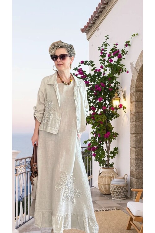 Kubba İthal %100 Linen Ceket & Kolsuz Elbise Takımı Papatya Beige