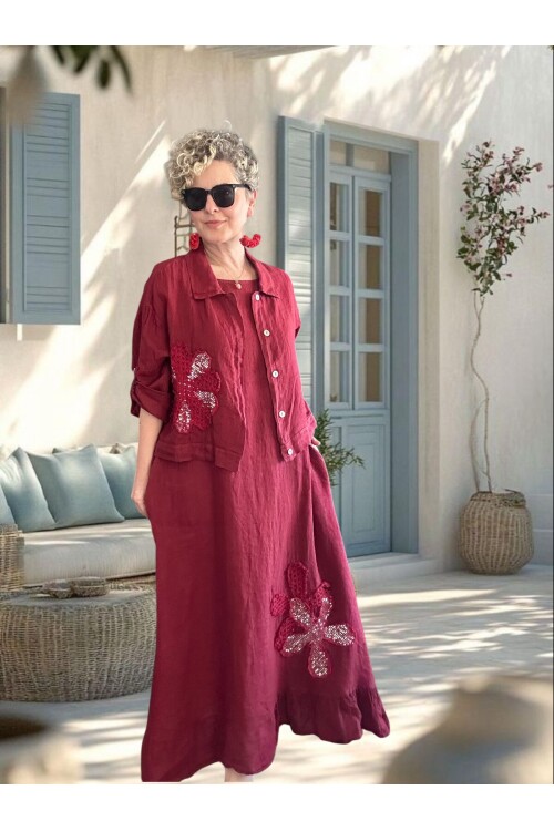 Kubba İthal %100 Linen Ceket & Kolsuz Elbise Takımı Papatya Bordo