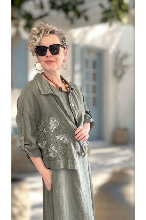 Kubba İthal %100 Linen Ceket & Kolsuz Elbise Takımı Papatya Haki