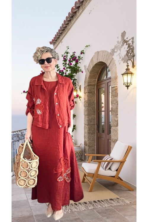 Kubba İthal %100 Linen Ceket & Kolsuz Elbise Takımı Papatya Kiremit