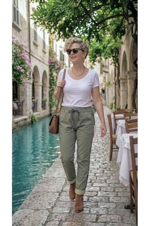 Lecce İtalyan Sihirli İnce Taş Şerit Detay Pantalon Haki