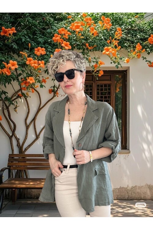 Lesso İtalyan Blazer Keten Ceket Haki Yeşil