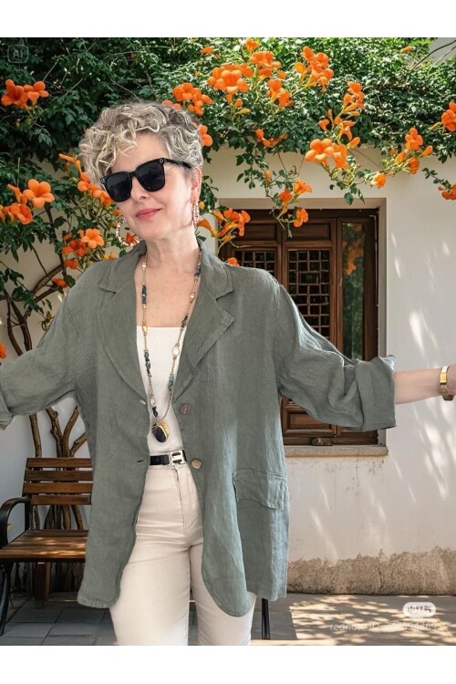 Lesso İtalyan Blazer Keten Ceket Haki Yeşil