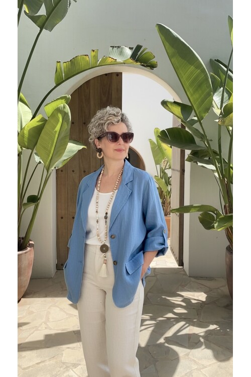 Lesso İtalyan Blazer Keten Ceket Jeans Mavi