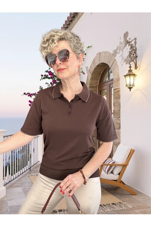 Lino Sim Şeritli Artizan Polo Yaka Triko Bluz Kahve