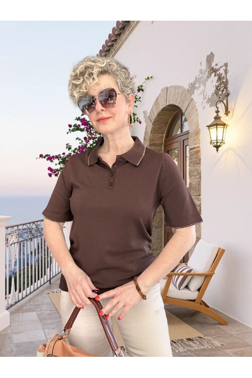Lino Sim Şeritli Artizan Polo Yaka Triko Bluz Kahve