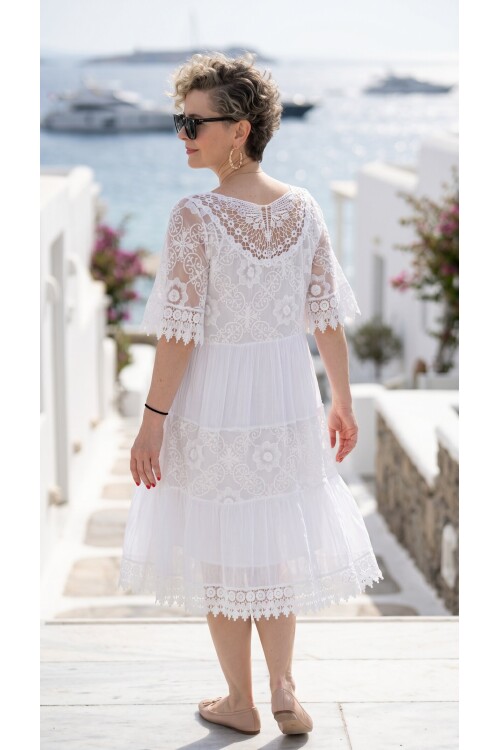 Lorea | Dantel Detaylı Katmanlı Vintage Elbise Beyaz