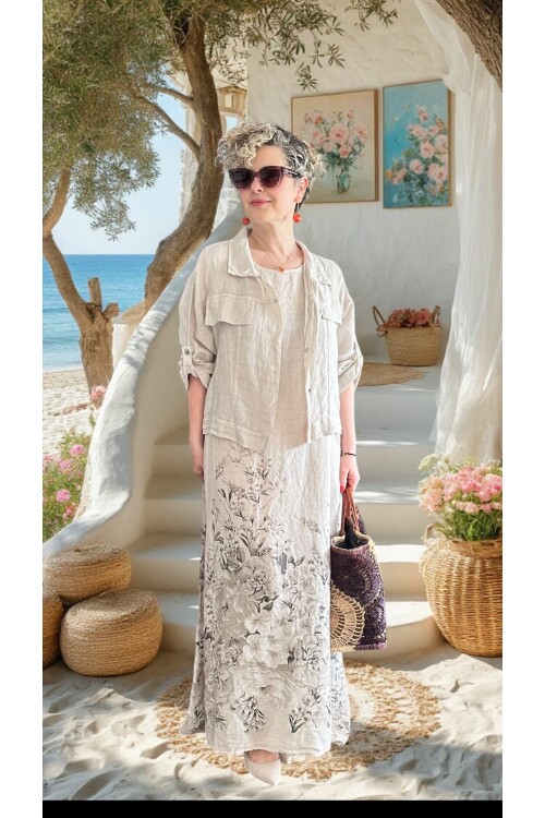 Lunera | İthal %100 Linen Ceket & Desenli Maksi Elbise Takımı Bej