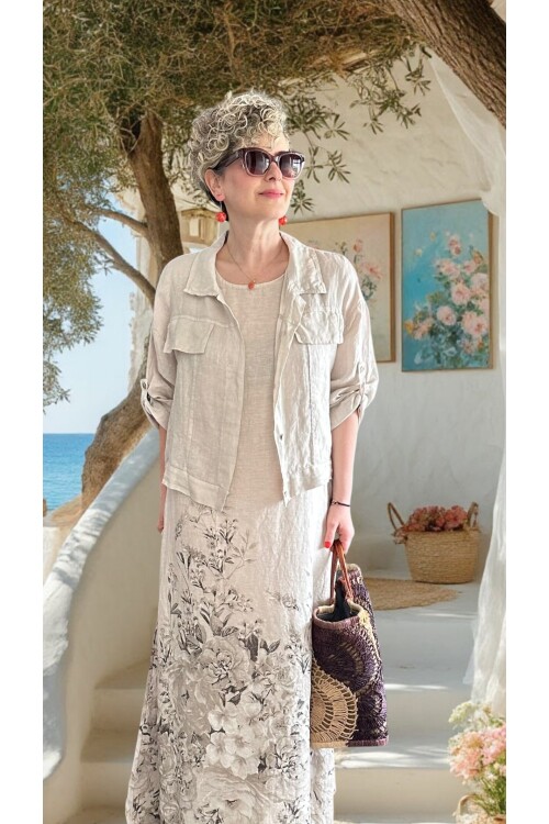 Lunera | İthal %100 Linen Ceket & Desenli Maksi Elbise Takımı Bej