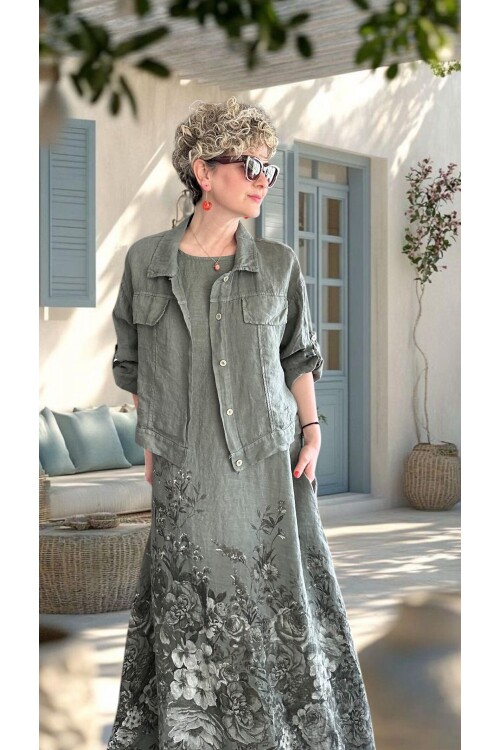 Lunera | İthal %100 Linen Ceket & Desenli Maksi Elbise Takımı Haki