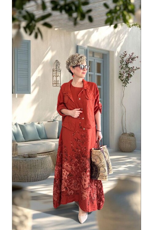 Lunera | İthal %100 Linen Ceket & Desenli Maksi Elbise Takımı Tarçın