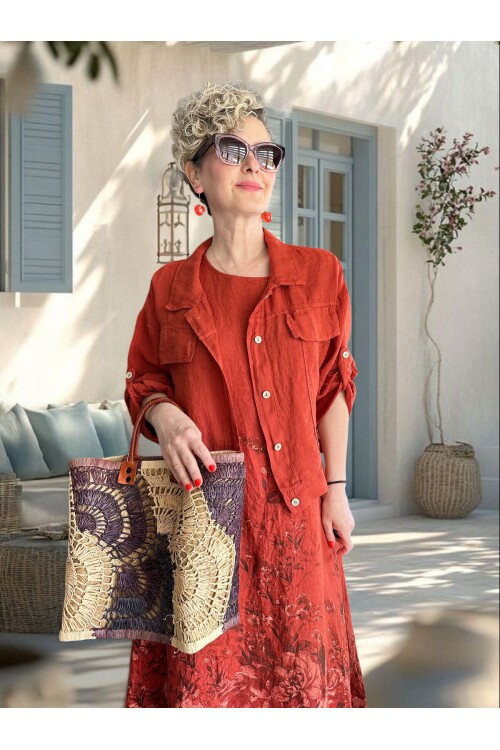 Lunera | İthal %100 Linen Ceket & Desenli Maksi Elbise Takımı Tarçın