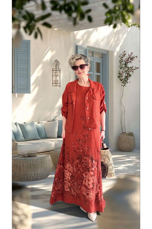 Lunera | İthal %100 Linen Ceket & Desenli Maksi Elbise Takımı Tarçın