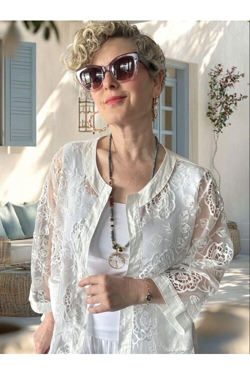 Lunna İtalyan Dantel Nakışlı Ceket Beyaz
