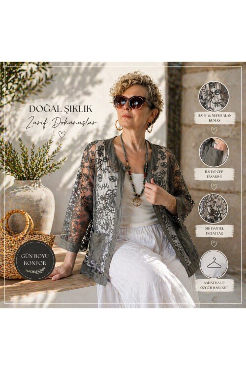 Lunna İtalyan Dantel Nakışlı Ceket Gri