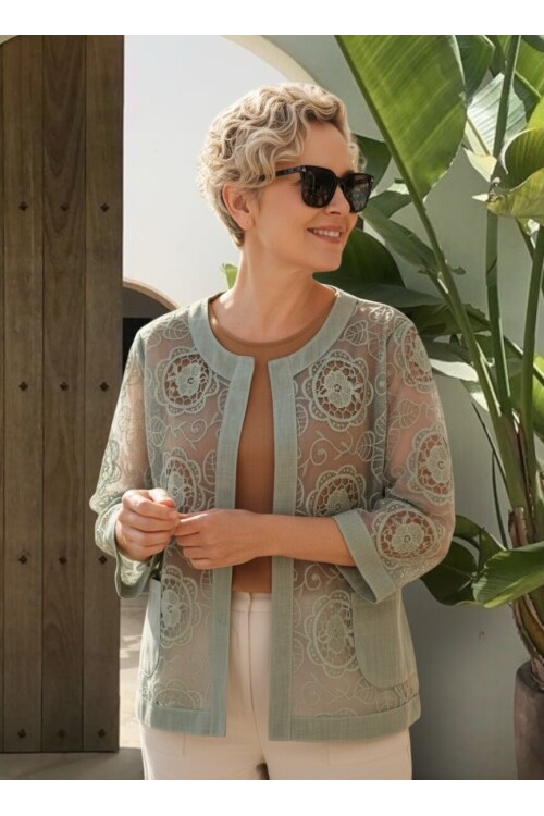 Lunna İtalyan Dantel Nakışlı Ceket Haki Yeşil