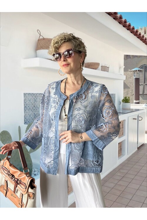 Lunna İtalyan Dantel Nakışlı Ceket İndigo