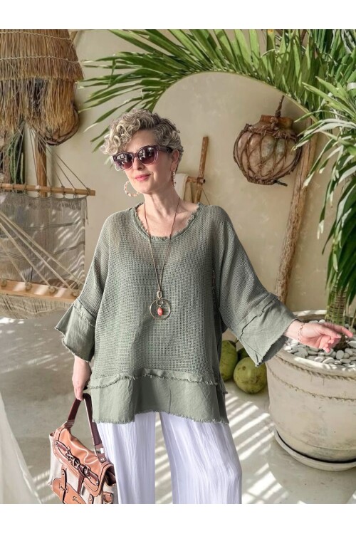 Maggli İthal Geniş Kol File Bluz & Atlet Seti (Kolyeli) Haki